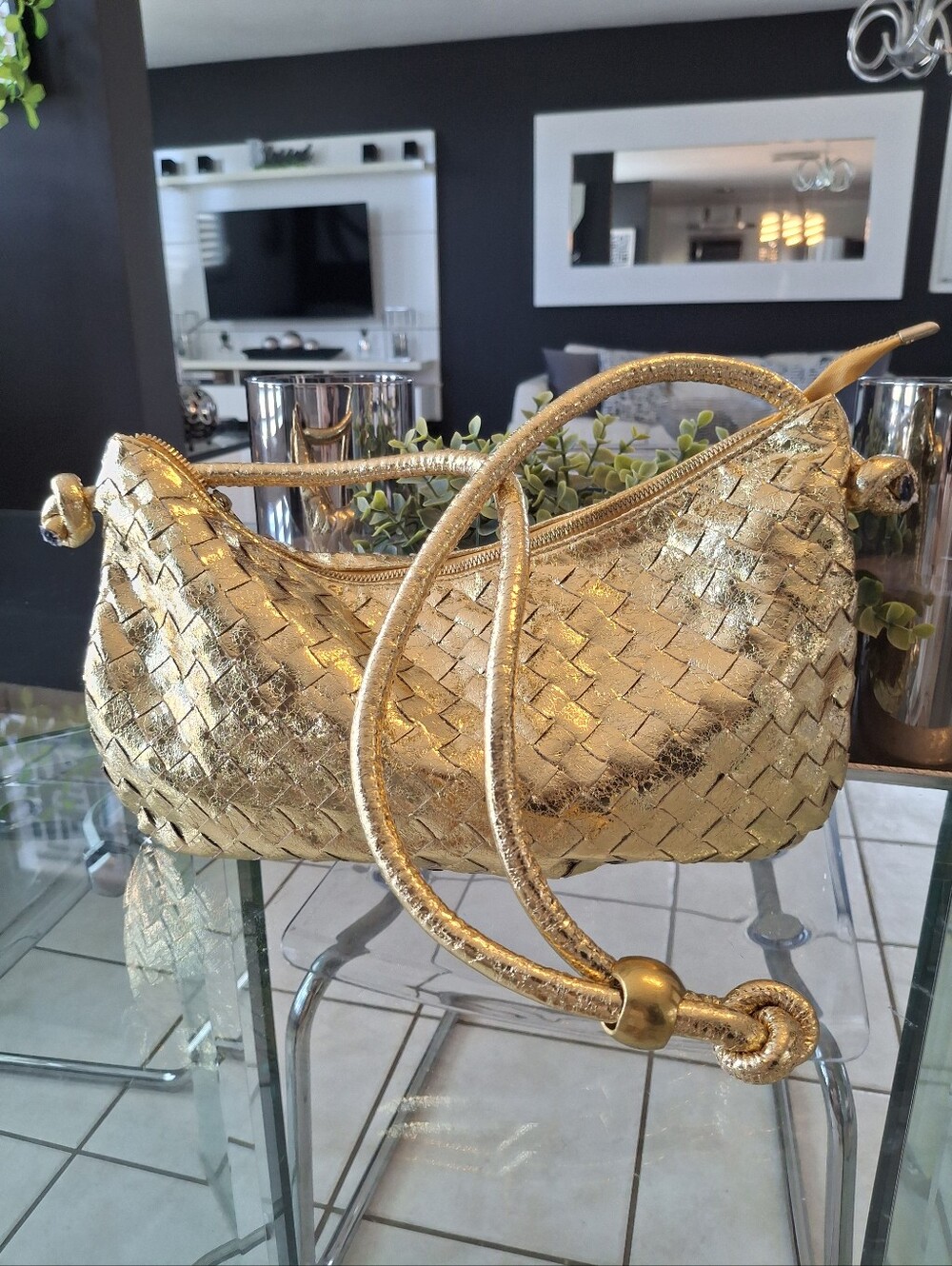 Gold Woven Shoulder Bag - Women's Designer Style
